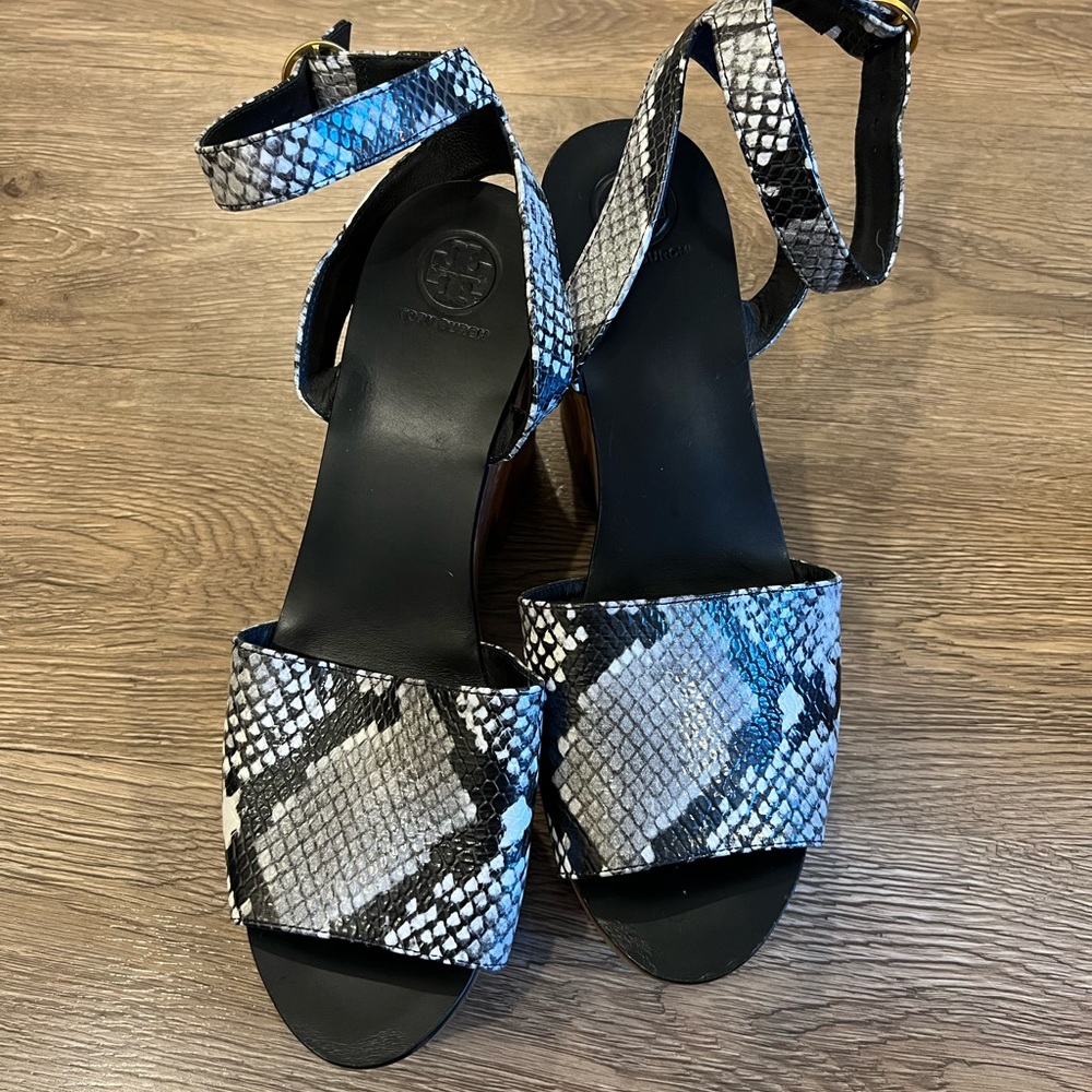 Tory Burch Black and White Snake Print Platform Sandals
